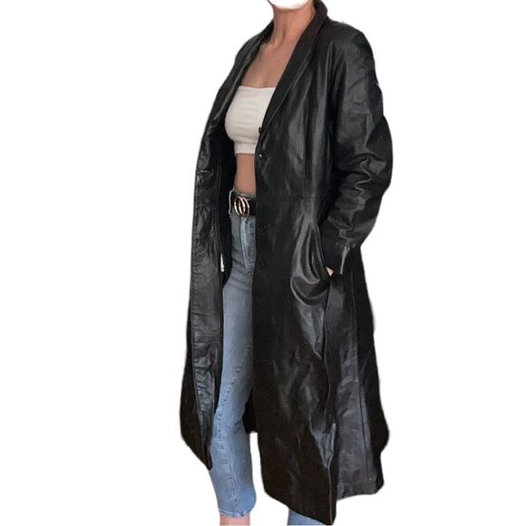 Sears Black Vintage Long Leather Coat Small - Picture 10 of 15